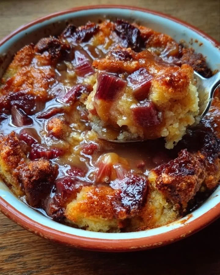Baked sticky rhubarb pudding served in a dish with a scoop of vanilla ice cream