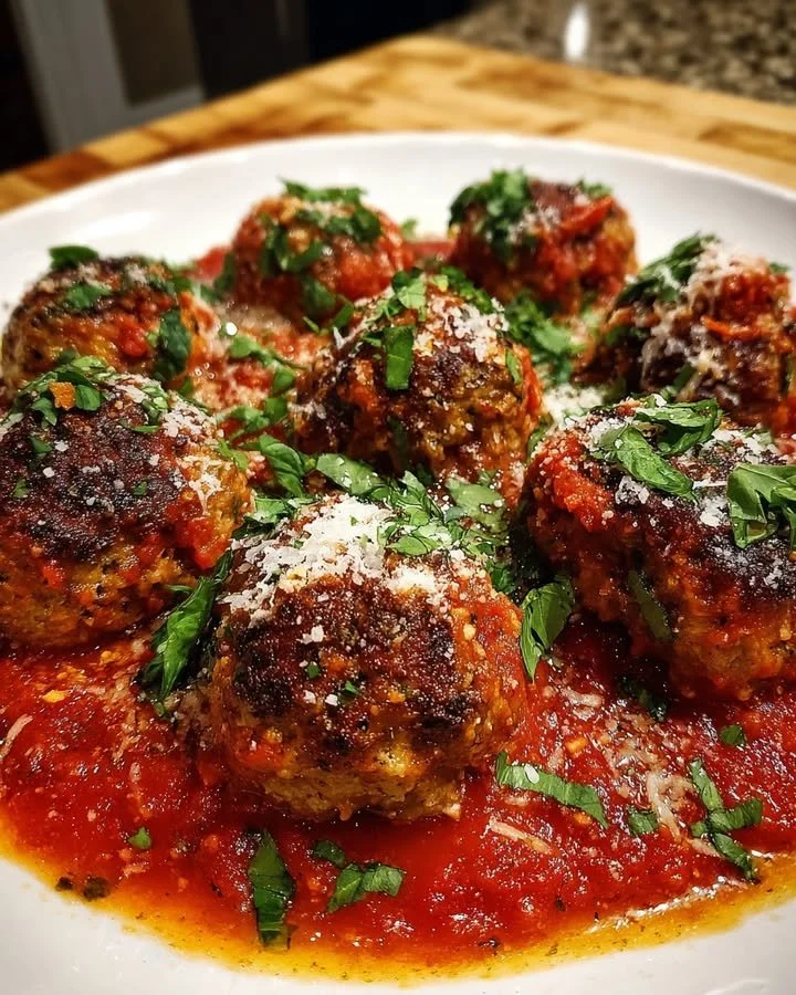 Baked turkey ricotta meatballs served in rich basil tomato sauce
