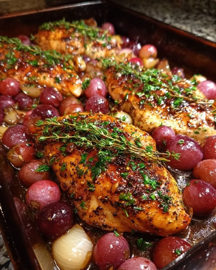 Balsamic chicken with roasted grapes and shallots on a plate