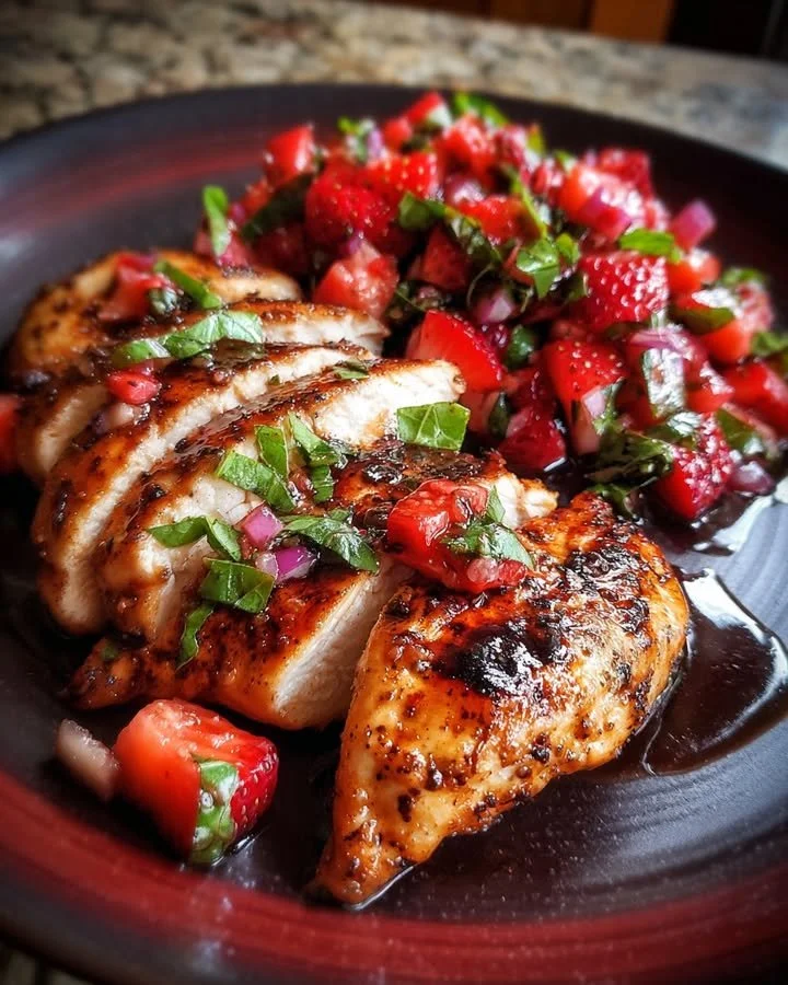 Balsamic chicken topped with strawberry basil relish on a plate