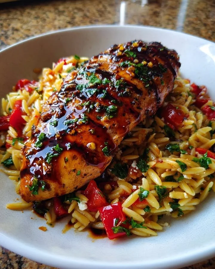 Balsamic glazed chicken served with gluten-free orzo, feta cheese, and roasted red peppers.