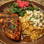 Balsamic glazed chicken served with orzo and herbed rhubarb relish