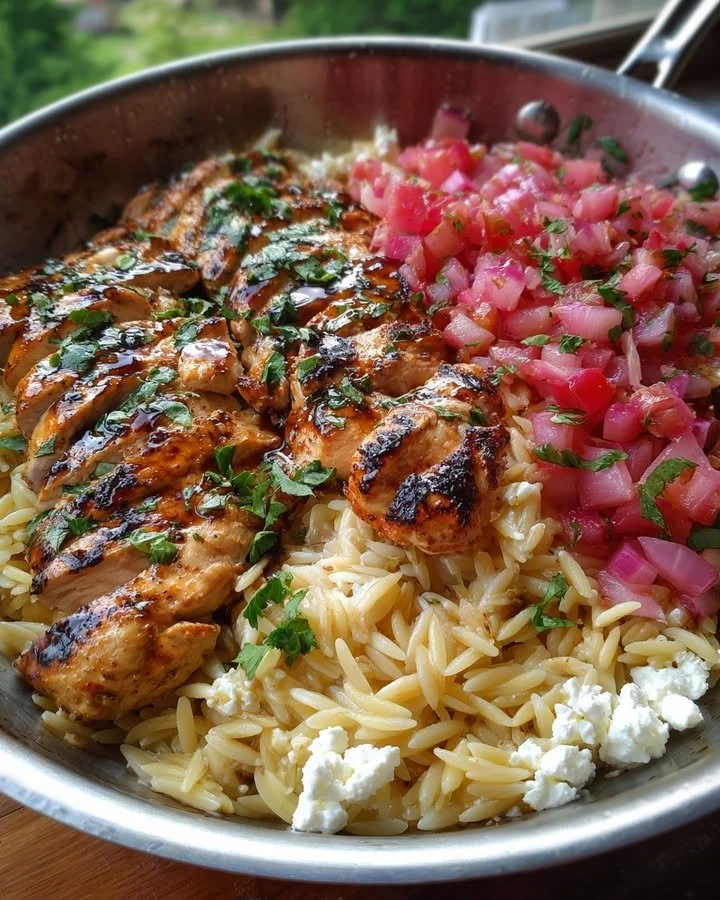 Balsamic glazed chicken with orzo, feta, and herbed rhubarb relish on a plate.