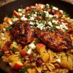 Balsamic glazed chicken dish with orzo, feta cheese, and spiced rhubarb medley