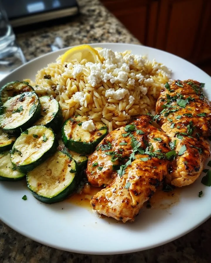 Balsamic glazed chicken with orzo, feta, and grilled zucchini on a plate