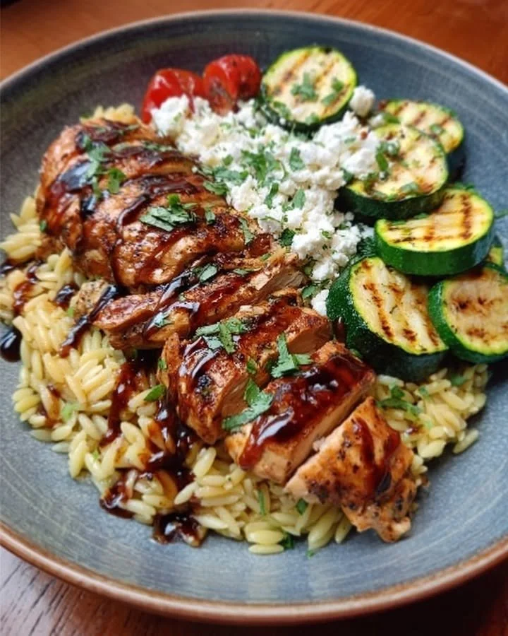 Balsamic glazed chicken served with orzo, feta cheese, and grilled zucchini on a plate.