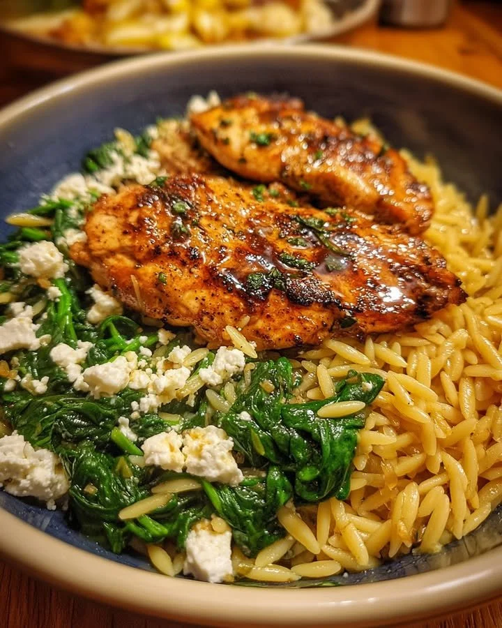 Balsamic glazed chicken served with orzo, feta, and sautéed spinach on a plate.