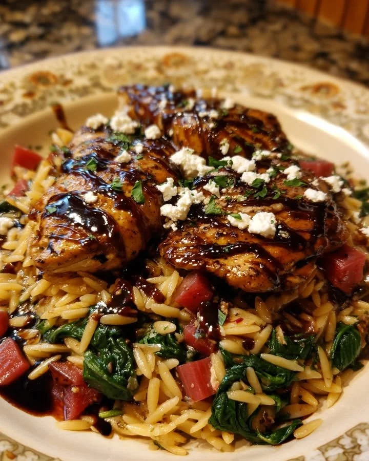 Balsamic glazed chicken served with orzo, feta cheese, and sautéed spinach