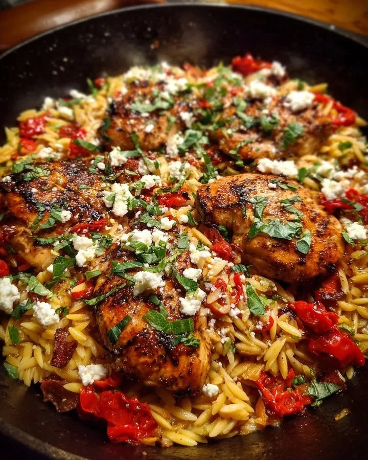 Balsamic glazed chicken served with orzo, goat cheese, and roasted red peppers