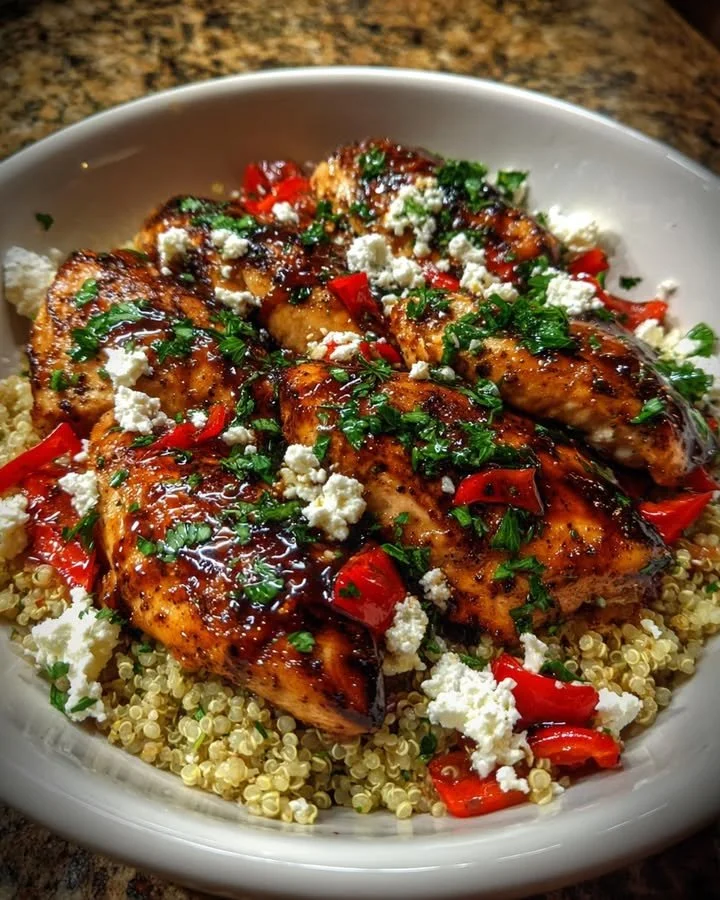 Balsamic glazed chicken with quinoa, feta cheese, and roasted red peppers on a plate.