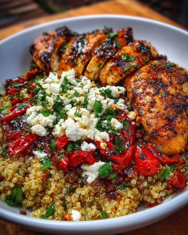 Balsamic glazed chicken with quinoa, feta cheese and roasted red peppers
