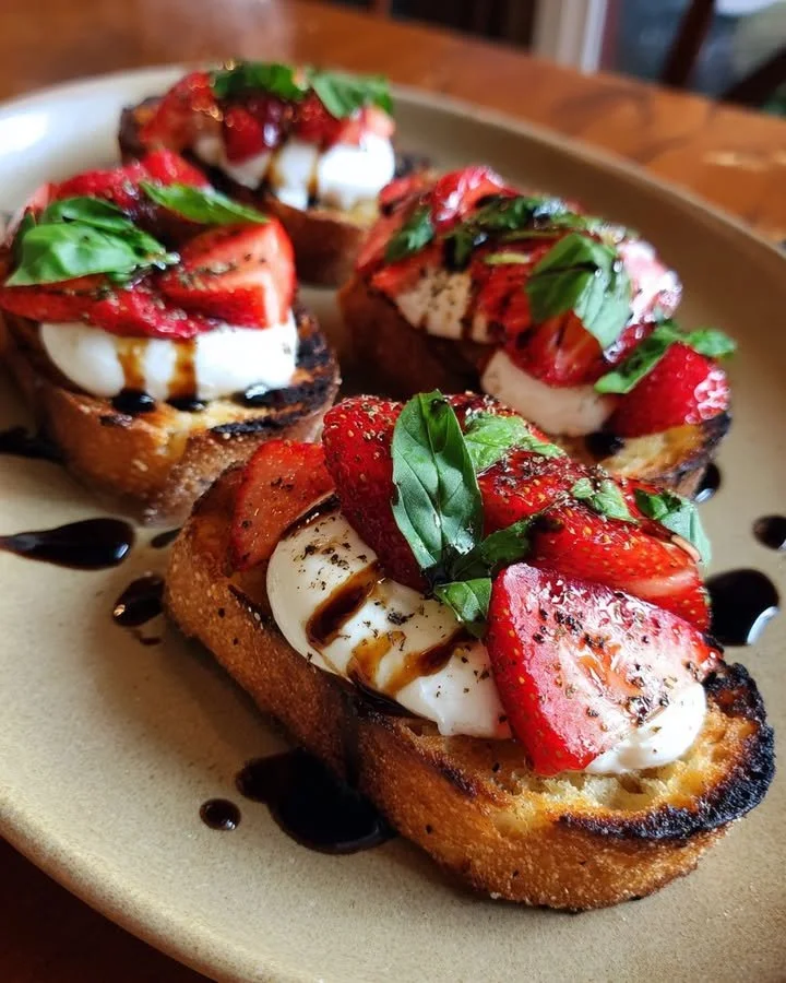 Balsamic strawberry toasts with burrata cheese on a wooden board