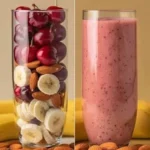 Delicious Banana Cherry Almond Smoothie in a glass with fresh ingredients