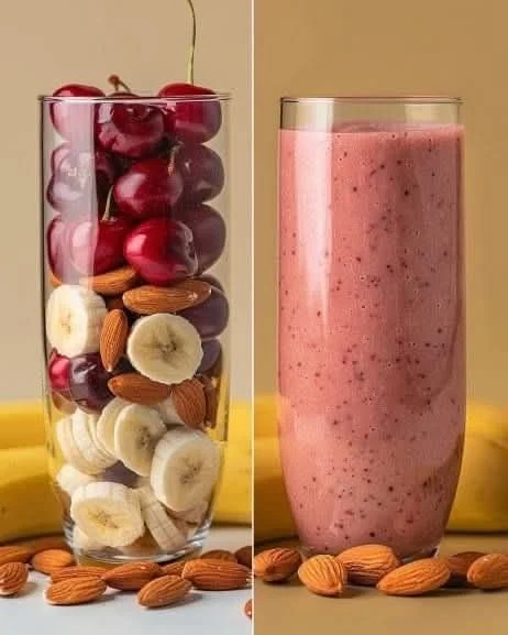 Delicious Banana Cherry Almond Smoothie in a glass with fresh ingredients