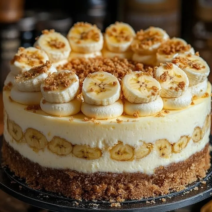 Delicious Banana Cream Cheesecake topped with fresh bananas and whipped cream