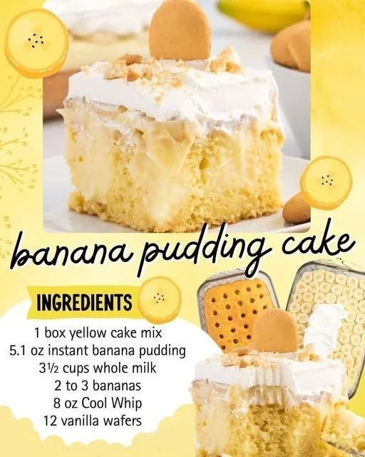 Slice of Banana Pudding Cake topped with whipped cream and banana slices.