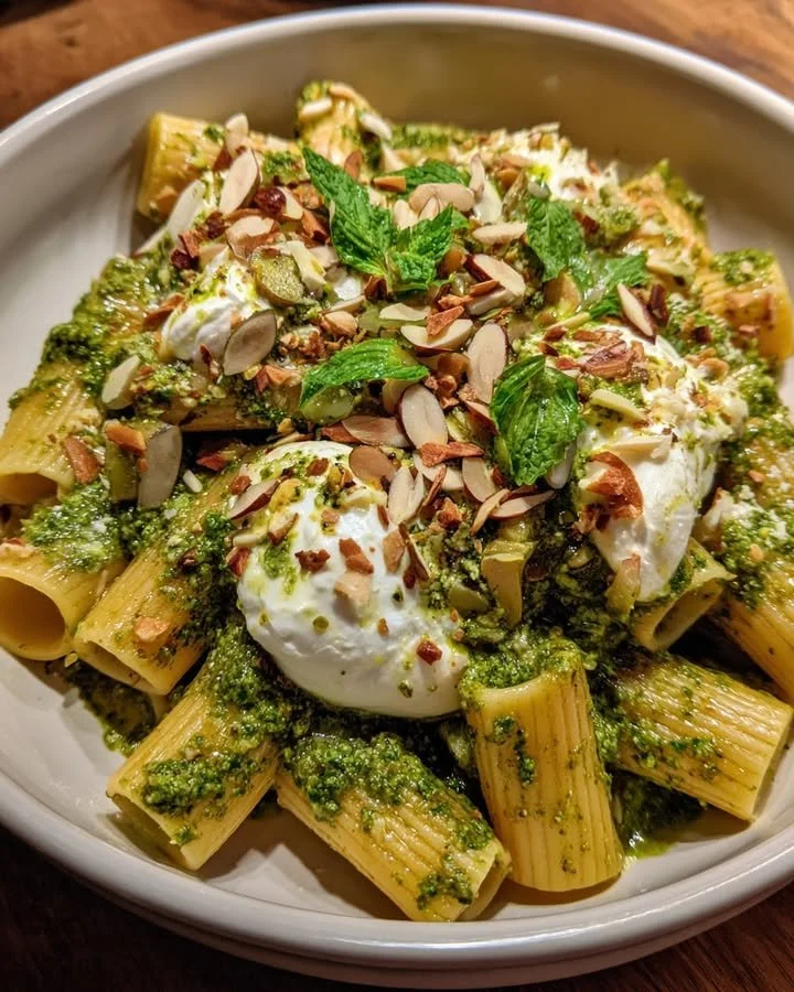 Basil Pesto Rigatoni topped with Burrata cheese and toasted almonds