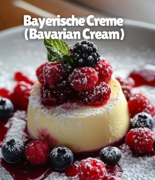 Delicious Bavarian Cream dessert topped with fresh berries and whipped cream