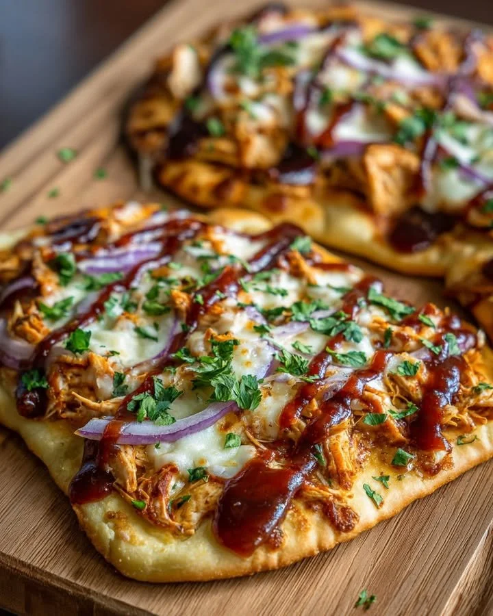 BBQ Chicken Flatbread Pizza topped with cheese and fresh herbs