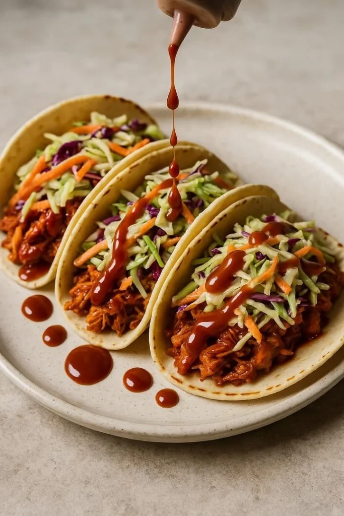 BBQ chicken tacos topped with colorful tangy slaw on a wooden table.