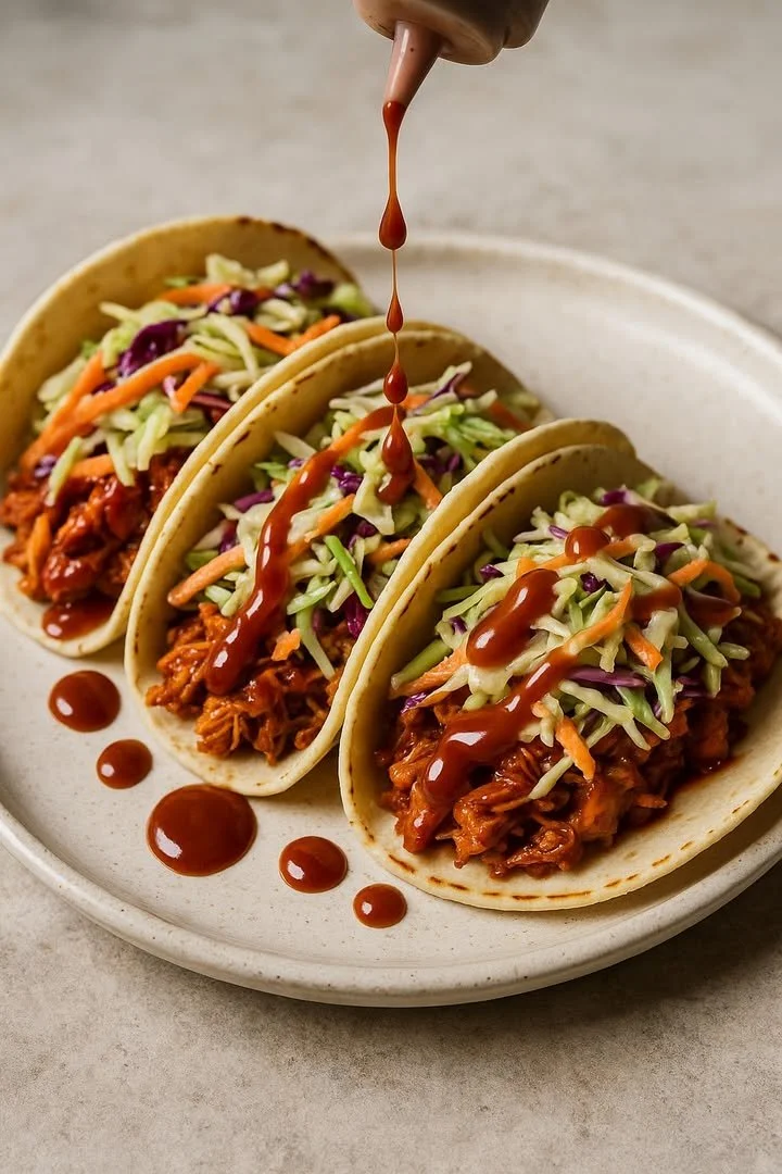 BBQ chicken tacos topped with colorful tangy slaw on a wooden table.