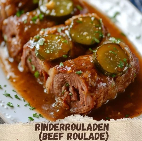 Delicious beef roulade dish served with vegetables and sauce.