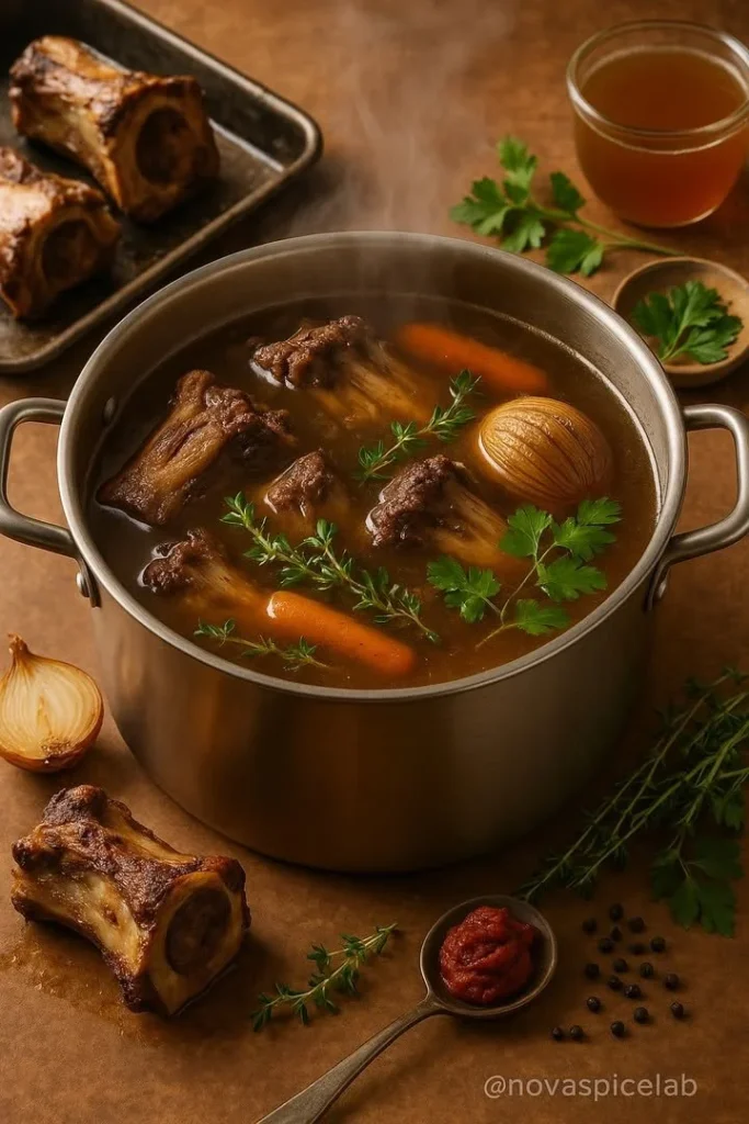 Homemade beef stock simmering with vegetables and herbs in a pot.