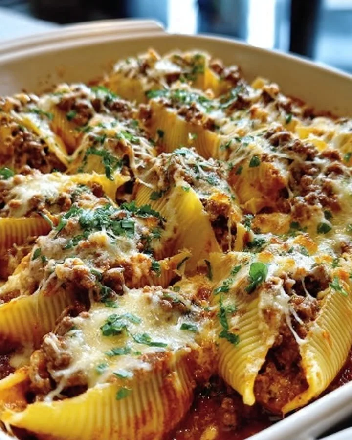 Beef-stuffed shells with creamy ricotta filling, topped with marinara sauce