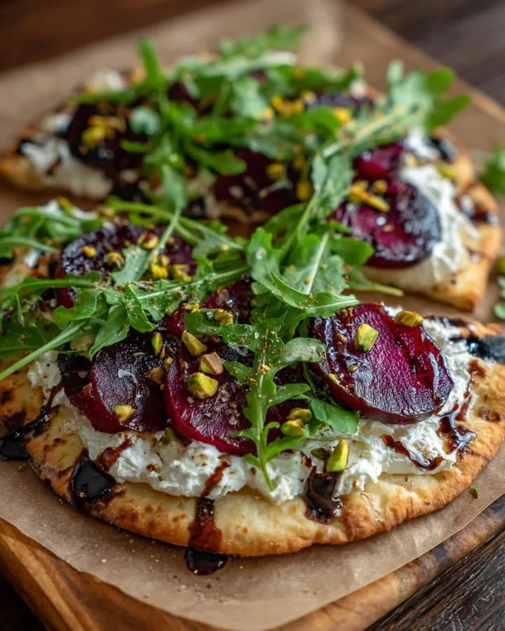 Beet Goat Cheese Flatbread with pistachios and arugula, garnished and ready to serve.
