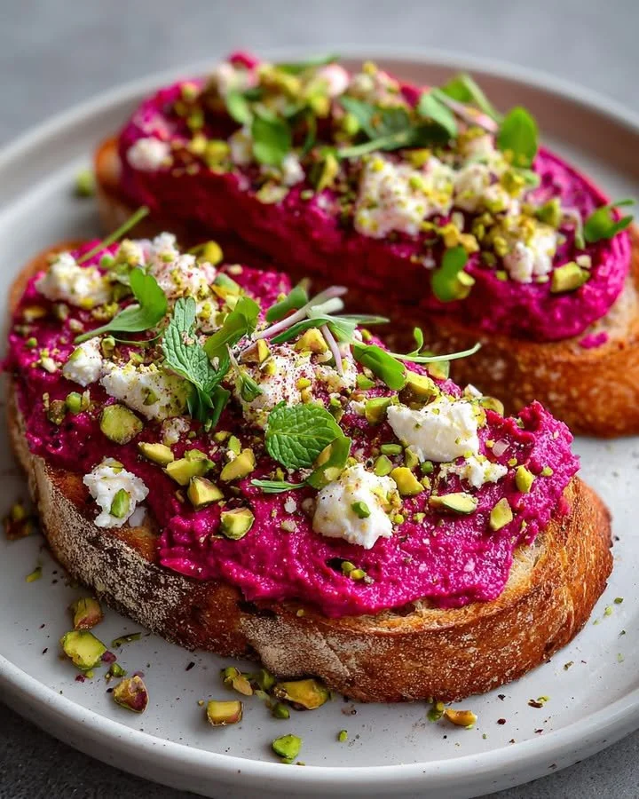 Beet hummus toast topped with feta cheese, fresh mint, and pistachios on a plate.
