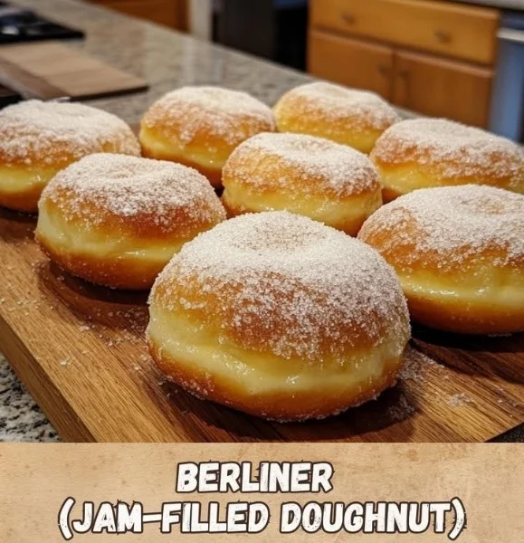 Homemade Berliners filled with jam and dusted with powdered sugar.