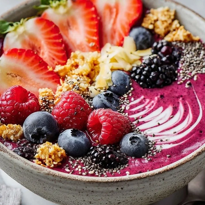 Berry and Acai Smoothie Bowl topped with fresh fruits and granola.