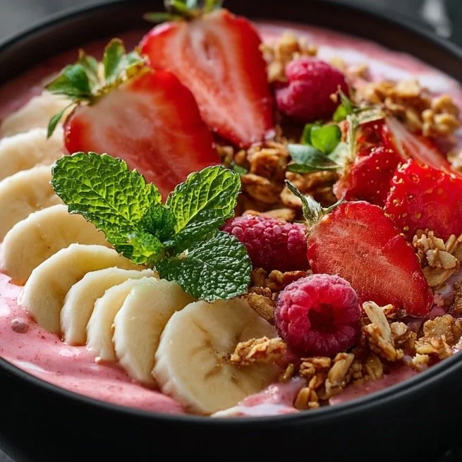 Delicious Berry Banana Smoothie Bowl topped with fresh berries and granola.