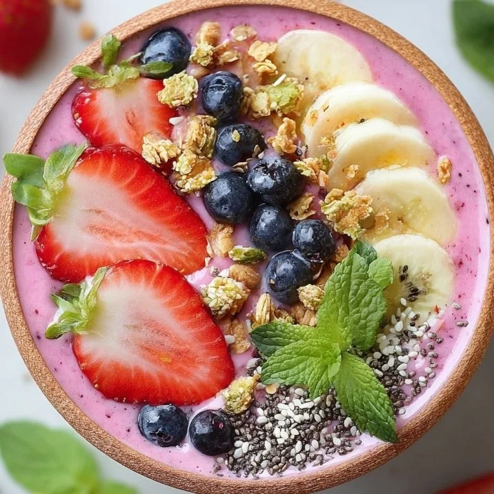 Colorful berry banana smoothie bowl topped with fresh fruits and seeds