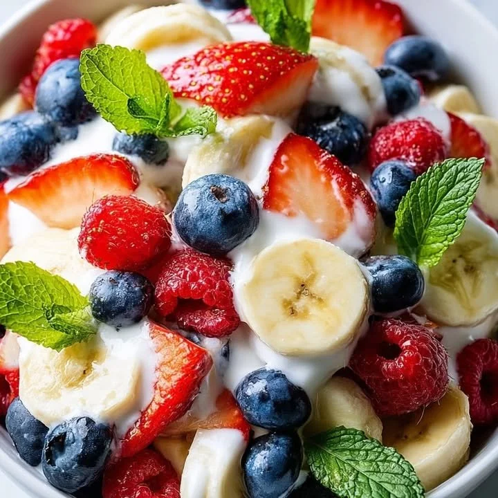 Berry Banana Yogurt Fruit Salad topped with fresh mint leaves