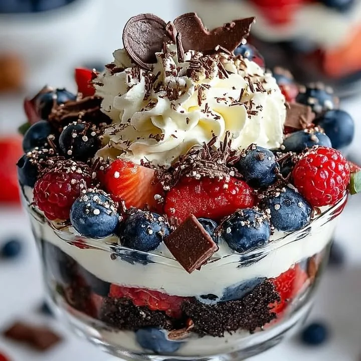 Delicious Berry Chocolate Trifle Parfait with layers of chocolate and berries