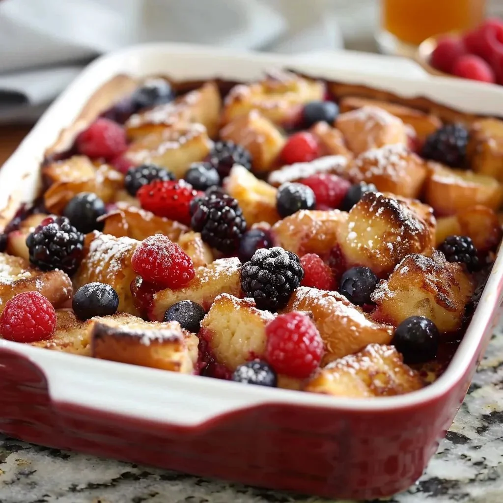 Delicious berry French toast casserole served fresh from the oven