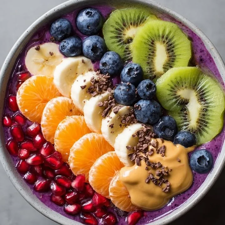 Delicious Berry Kiwi Smoothie Bowl topped with fresh fruits and nuts