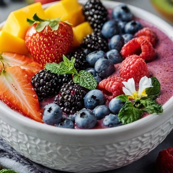 Berry Mango Smoothie Bowl topped with fresh berries and mango slices