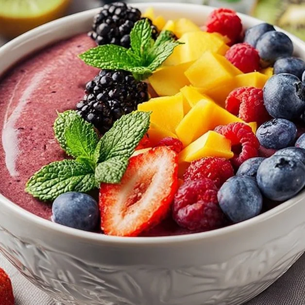 Delicious Berry Mango Smoothie Bowl topped with fresh fruits and granola