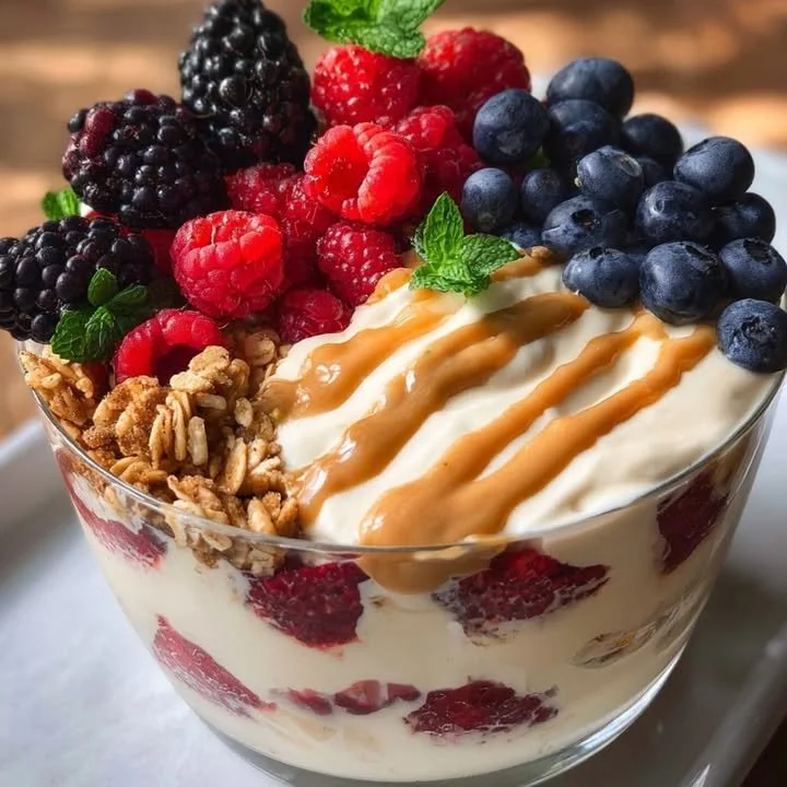 A colorful Berry Yogurt Parfait with layers of yogurt, berries, and granola.