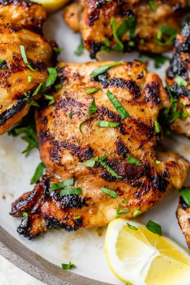 Delicious marinated chicken thighs ready for grilling with fresh herbs.