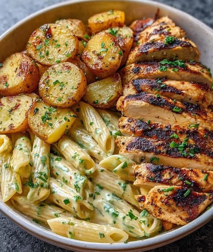 Delicious Herb Chicken Penne with Crispy Potatoes served in a bowl