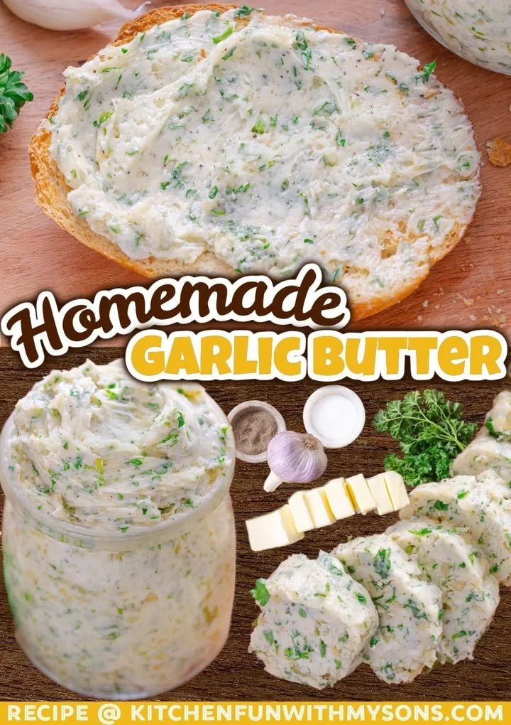 Homemade garlic butter spread on fresh bread