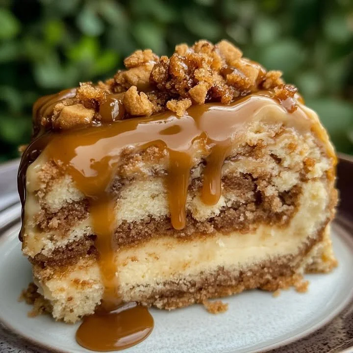 Biscoff Caramel Cinnamon Roll Coffee Cake with drizzled caramel and cinnamon
