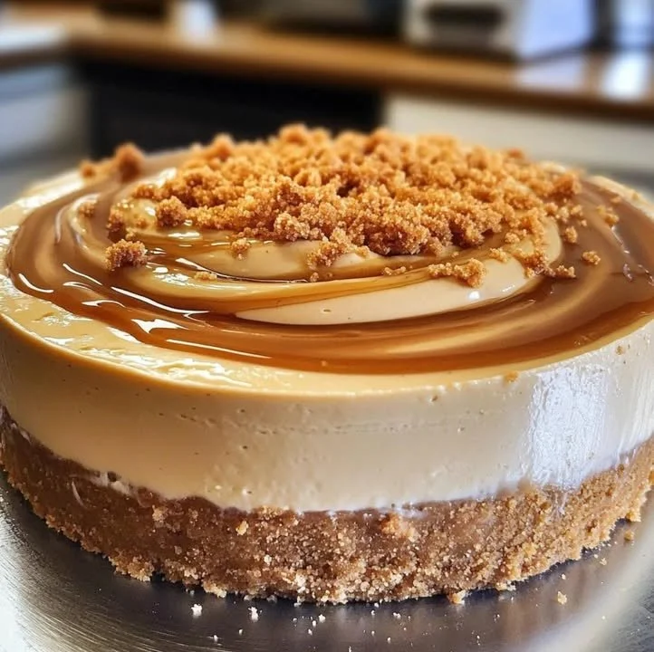 Delicious Biscoff cheesecake topped with cookie butter sauce