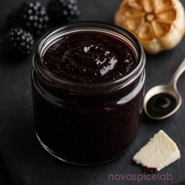 A vibrant blackberry garlic reduction in a glass bowl, showcasing its rich color and texture.