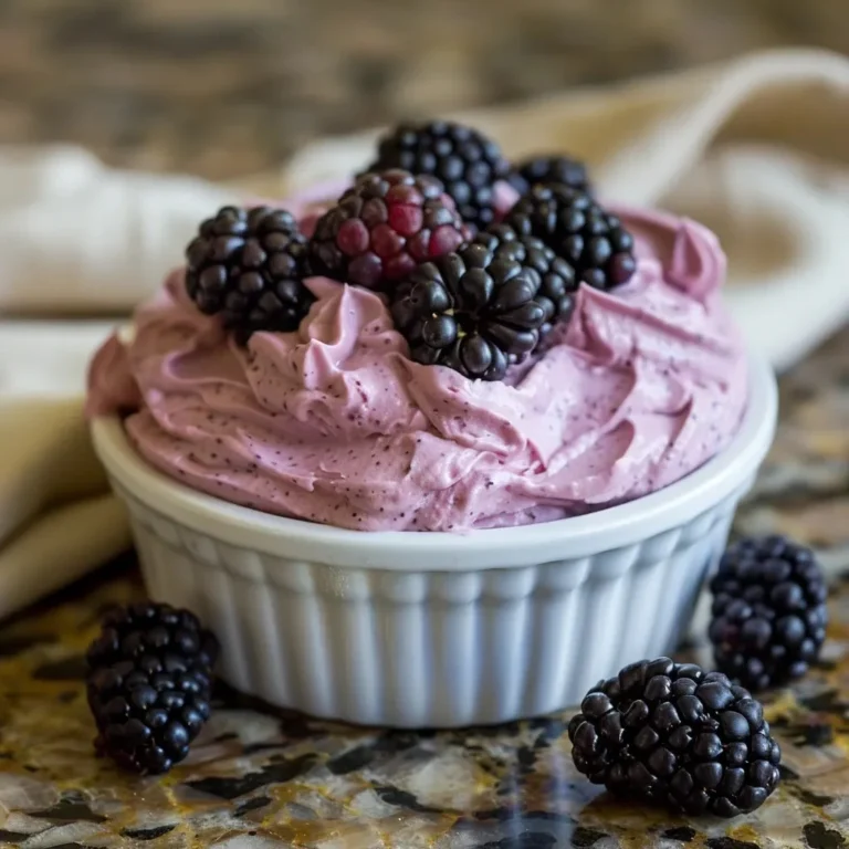 Delicious blackberry mousse topped with fresh berries and mint leaves.