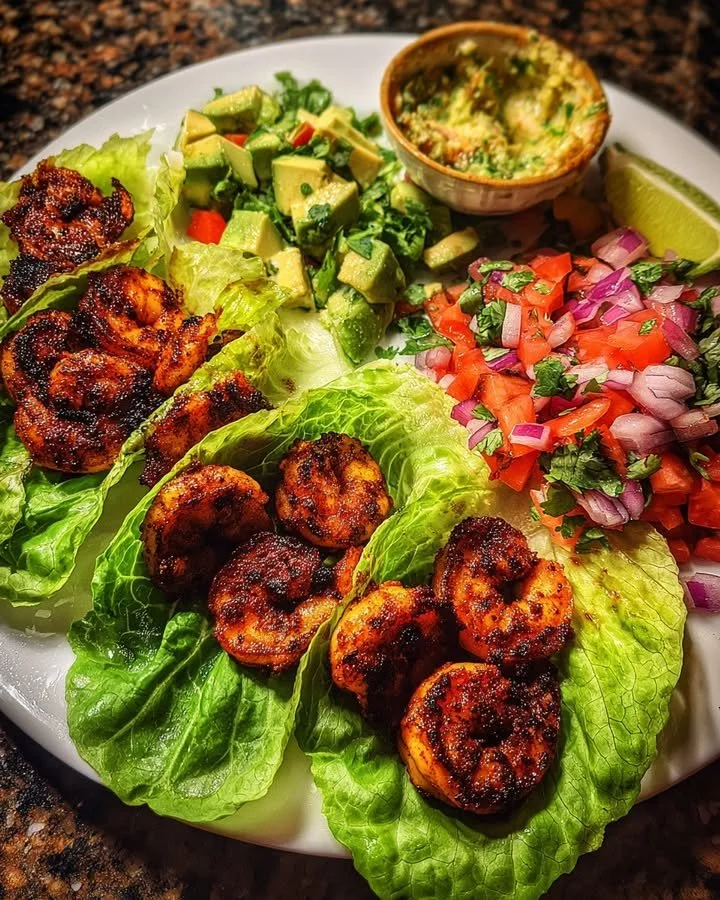 Delicious blackened shrimp lettuce wraps filled with fresh vegetables