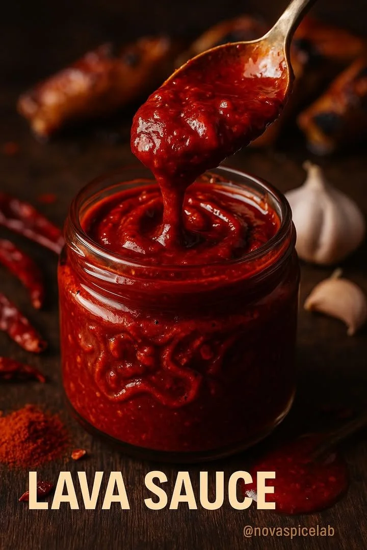 Blazing Red Lava Sauce in a bowl with pepper flakes around it
